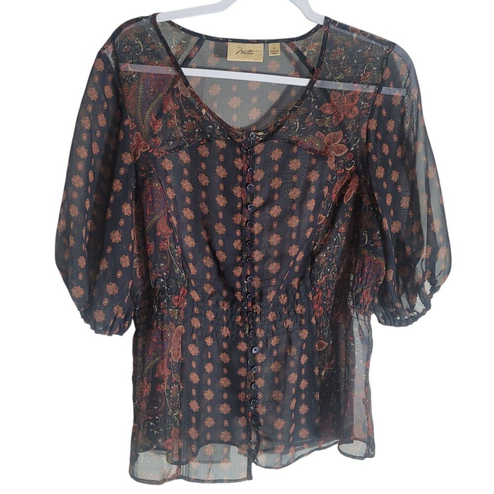 Motto Sheer Button Up Balloon Sleeve Smocked Waist Blouse Womens Small Black Y2K